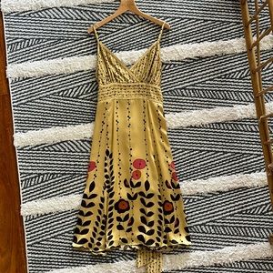 Ted Baker London Dress Size 10 butter yellow brown dots floral motif pink orange